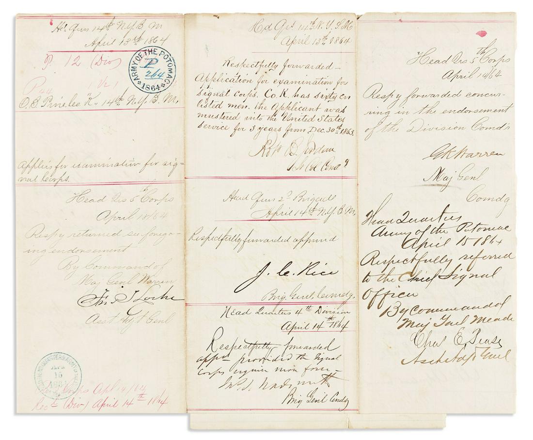 (CIVIL WAR--GENERALS--UNION.) Three Endorsements Signed, on a sheet attached to a letter applying to (1 of 3)