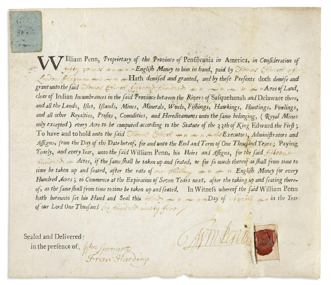PENN, WILLIAM. Partly-printed vellum Document Signed, "WmPenn," (1 of 1)