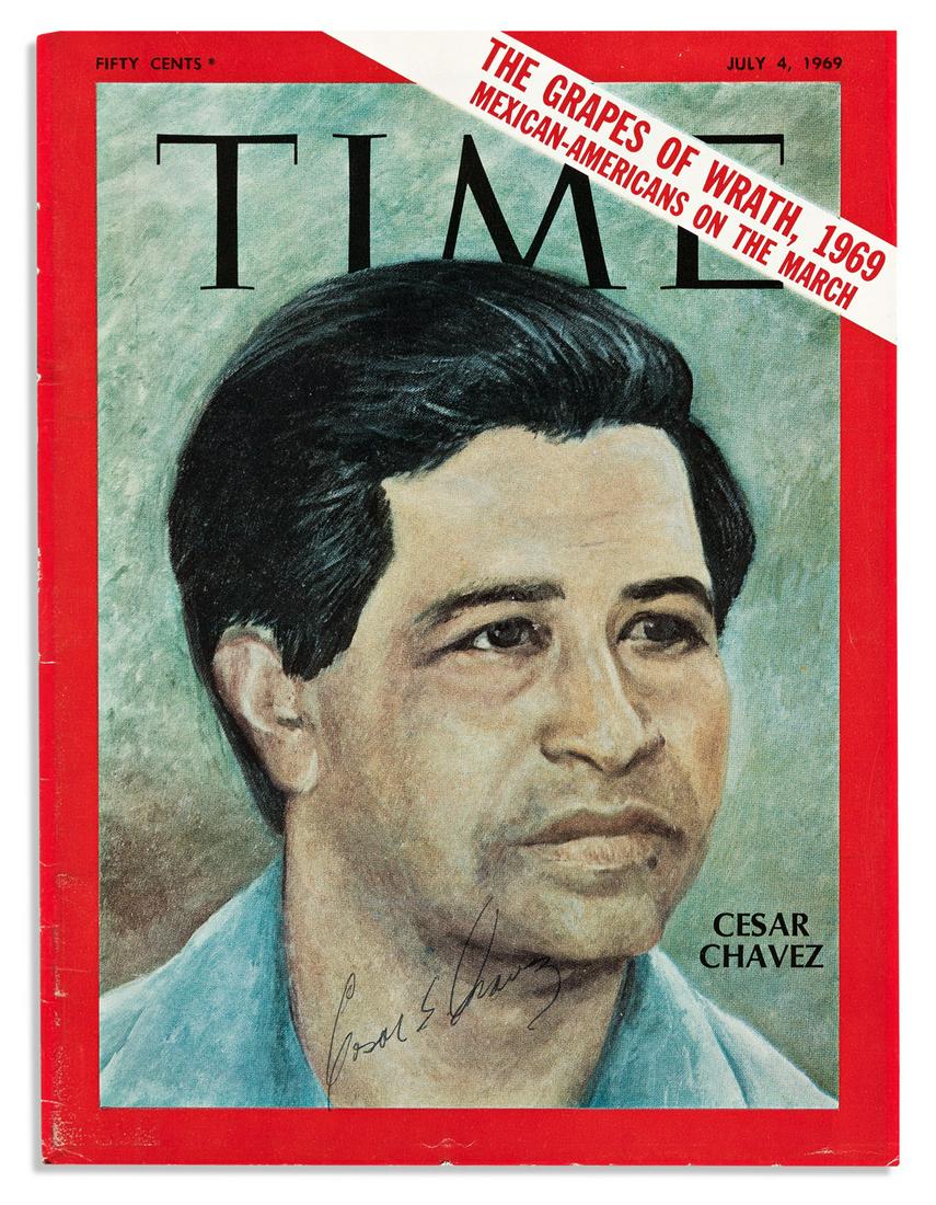 CHAVEZ, CESAR. Time magazine cover Signed, "Cesar E. Chavez,": CHAVEZ, CESAR. Time magazine cover Signed, "Cesar E. Chavez," at lower center. The cover, from the July 4, 1969 issue featuring a reproduction of a bust portrait of him. Includes cover only. 4to; mino