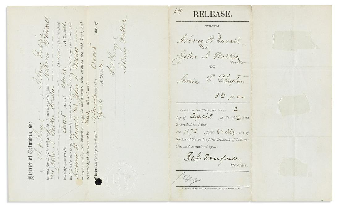 DOUGLASS, FREDERICK. Partly-printed endorsement Signed, "Fred'k Douglass," as Recorder of Deeds,: DOUGLASS, FREDERICK. Partly-printed endorsement Signed, "Fred'k Douglass," as Recorder of Deeds, certifying a deed transferring a plot in Washington, DC, from Andrew B. Duvall and John N. Walker to An