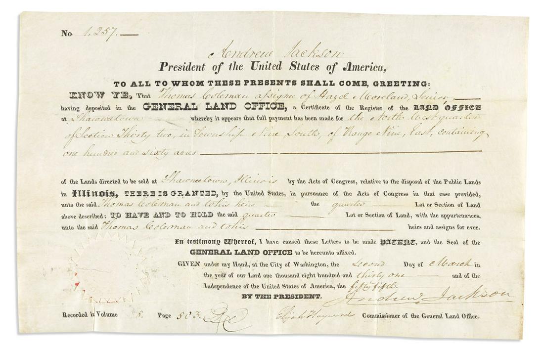 JACKSON, ANDREW. Partly-printed vellum Document Signed, as President, (1 of 1)