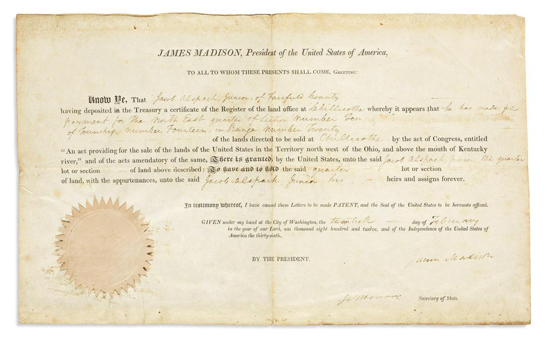 MADISON, JAMES. Partly-printed vellum Document Signed, as President, (1 of 1)