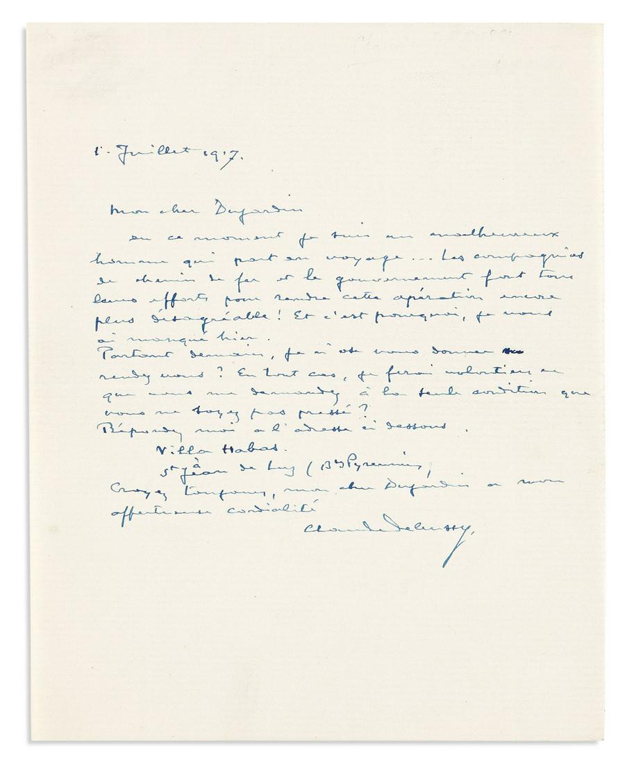 DEBUSSY, CLAUDE. Autograph Letter Signed, to author and founder of La Revue wagnérienne É (1 of 1)