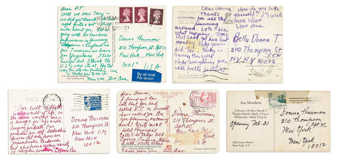 MENDIETA, ANA. Group of 5 Autograph Notes, including 3 Signed, "Ana," on postcards, to Donna (1 of 1)