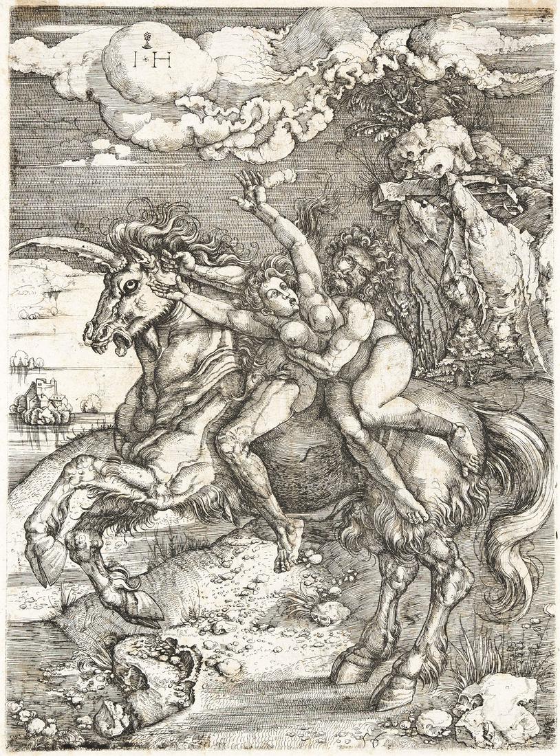 HIERONYMUS HOPFER (AFTER DÜRER) The Abduction of Proserpine.: HIERONYMUS HOPFER (AFTER DÜRER) The Abduction of Proserpine. Etching, after 1516. 290x212 mm; 11½x8 inches, thread margins. First state (of 2), before the Funck number lower center. A brilli