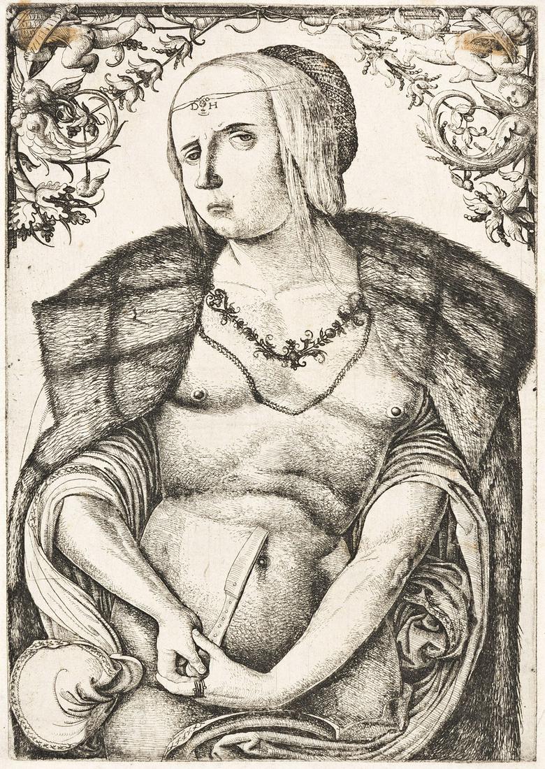 DANIEL HOPFER The Death of Lucretia.: DANIEL HOPFER The Death of Lucretia. Etching, circa 1525. 224x158 mm; 9x6¼ inches, narrow margins. First state (of 2), before the Funck number. A superb, dark, richly-inked impression of this ver