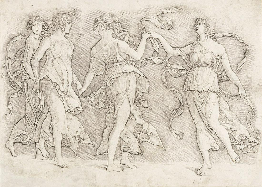 GIOVANNI ANTONIO DA BRESCIA (AFTER MANTEGNA) Four Women Dancing.: GIOVANNI ANTONIO DA BRESCIA (AFTER MANTEGNA) Four Women Dancing. Engraving, circa 1497. 247x343 mm; 9¾x13½ inches. Small circle watermark or counter mark to an unknown watermark. A very good