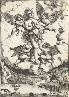 ALLAERT CLAESZ St. Mary Egyptiaca, Carried Away by Four Angels.: ALLAERT CLAESZ St. Mary Egyptiaca, Carried Away by Four Angels. Engraving, circa 1550. 97x68 mm; 4x2¾ inches, thread margins. A brilliant, richly-inked, early impression of this extremely scarce