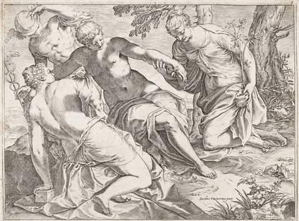 AGOSTINO CARRACCI Mercury and the Three Graces.: AGOSTINO CARRACCI Mercury and the Three Graces. Engraving, 1589. 199x255 mm; 7¾x10¼ inches, thread margins. First state (of 3). Three crescents watermark. A very good impression of this