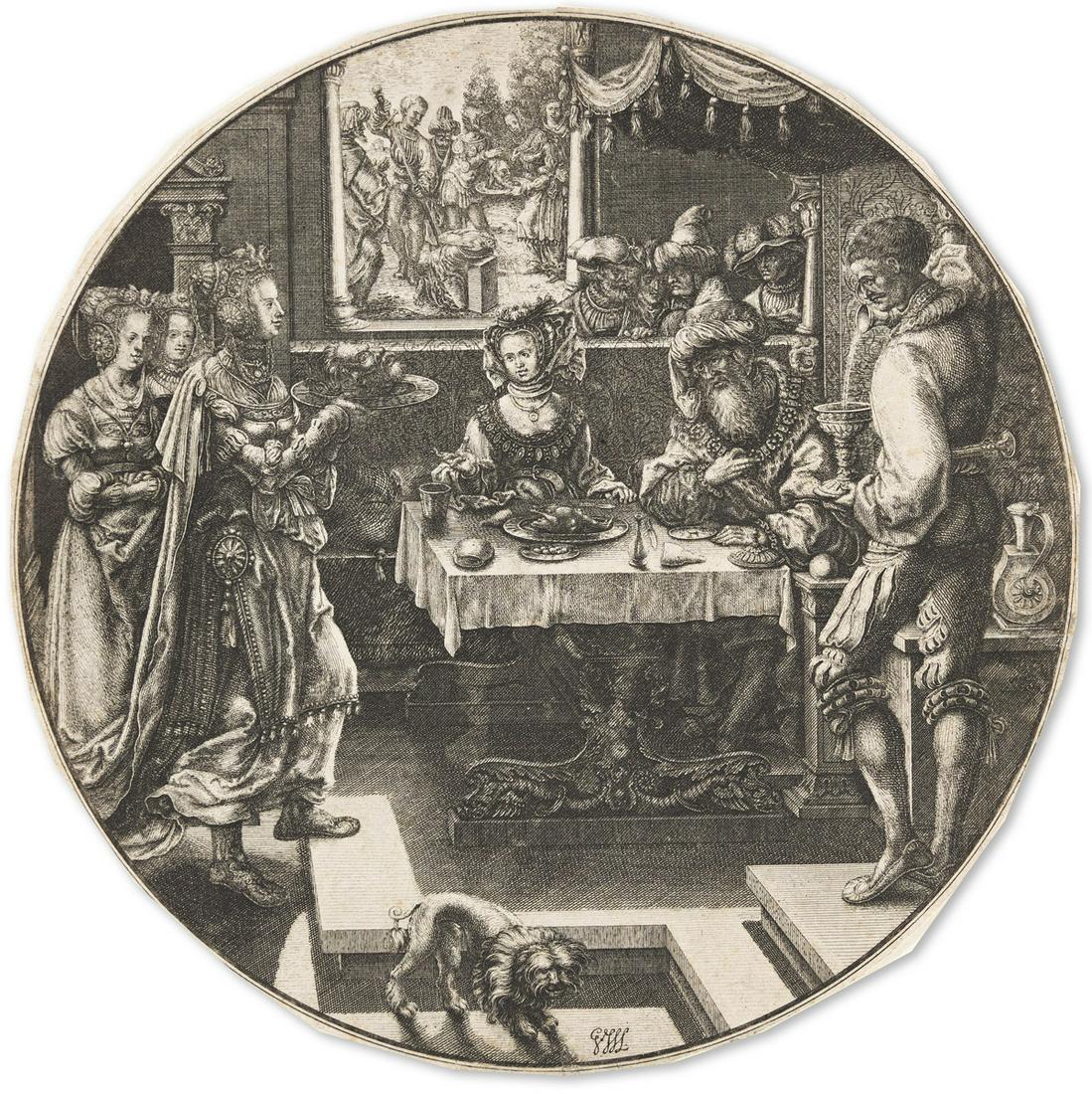 JAN GOSSAERT (AFTER) The Head of John the Baptist is Brought to Herod at the Feast.: JAN GOSSAERT (AFTER) The Head of John the Baptist is Brought to Herod at the Feast. Engraving and etching, circa 1575-1625. 247 mm; 9¾ inches, thread margins. A very good impression of this extre