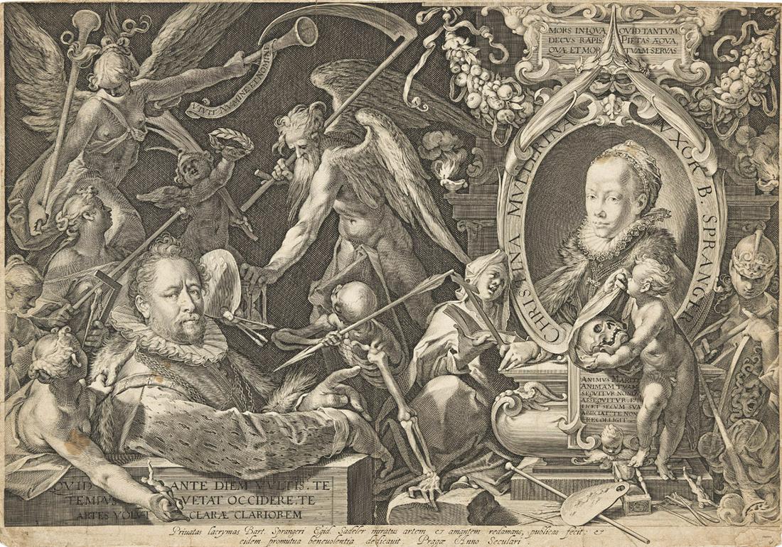 AEGIDIUS SADELER II Portrait of Bartholomeus Spranger with an Allegory on the Death of His Wife,: AEGIDIUS SADELER II Portrait of Bartholomeus Spranger with an Allegory on the Death of His Wife, Christina Müller. Engraving, 1600. 297x420 mm; 11¾x16½ inches. First state (of 2), befor