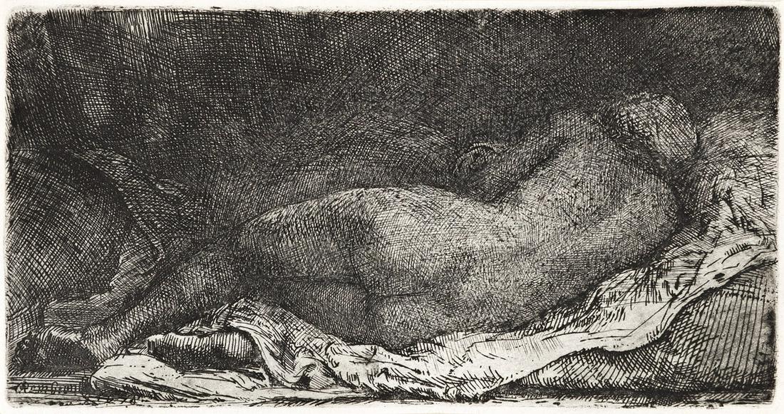 REMBRANDT VAN RIJN Reclining Female Nude ("La Negresse Couché").: REMBRANDT VAN RIJN Reclining Female Nude ("La Negresse Couché"). Etching, drypoint and engraving, 1658. 82x157 mm; 3¼x6¼ inches, narrow to thread margins. Biörklund's third state (