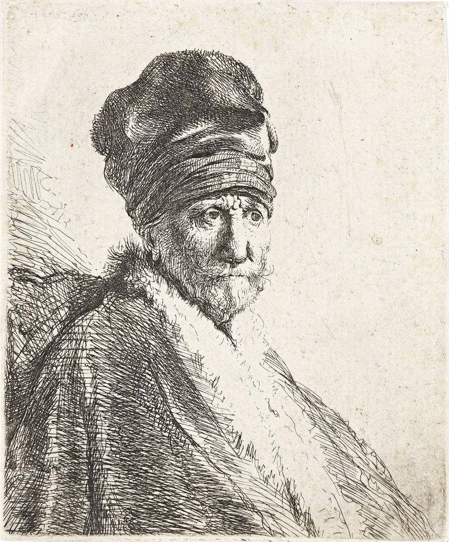 REMBRANDT VAN RIJN Bust of a Man Wearing a High Cap, Three-Quarters Right (The Artist's Father ?).: REMBRANDT VAN RIJN Bust of a Man Wearing a High Cap, Three-Quarters Right (The Artist's Father ?). Etching, 1630. 105x86 mm; 4¼x3½ inches, thread. Biörklund's second state (of 2); Ustic
