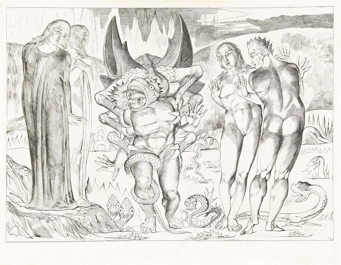 WILLIAM BLAKE The Circle of Thieves.: WILLIAM BLAKE The Circle of Thieves. Engraving and drypoint on Chine collé, 1827. 275x355 mm; 10x14 inches, full margins. Proof, before letters. From Illustrations to Dante's Divine Comedy. A ver