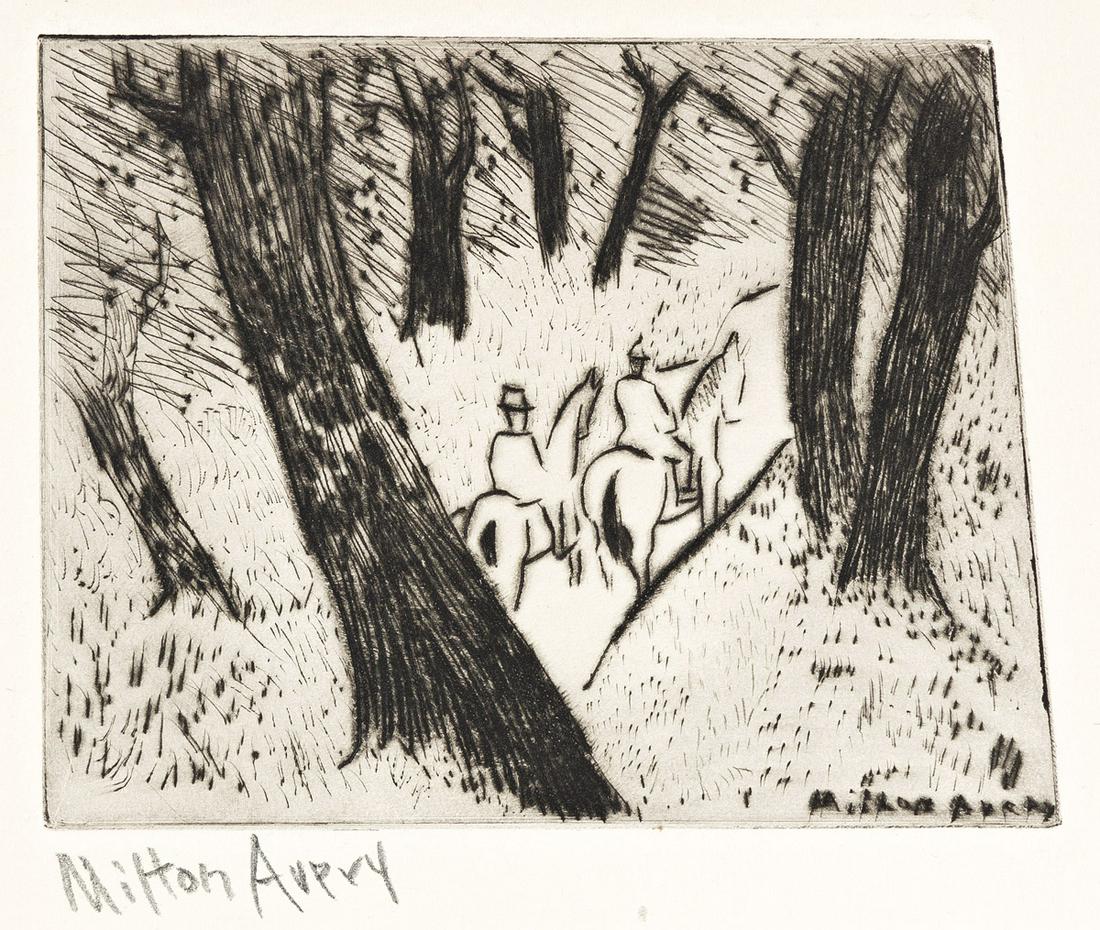 MILTON AVERY Riders in the Park.: MILTON AVERY Riders in the Park. Drypoint, 1948. 100x127 mm; 3x5 inches, full margins. Edition of 100. Signed in pencil, lower left. Printed by Atelier 17, New York. Published by Laurel Gallery, New Y