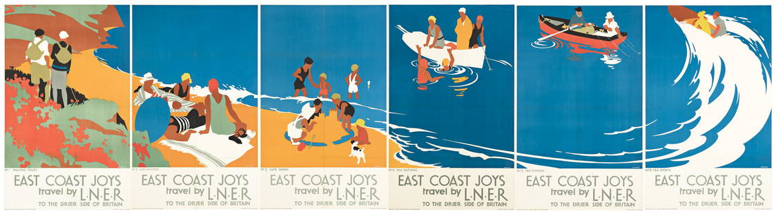 TOM PURVIS (1888-1959). EAST COAST JOYS / TRAVEL BY L.N.E.R. Set of 6 posters. 1931. Each: TOM PURVIS (1888-1959) EAST COAST JOYS / TRAVEL BY L.N.E.R. Set of 6 posters. 1931. Each approximately 40x25 inches, 101½x63½ cm. Haycock Press, London. Condition varies, generally A- / B+.