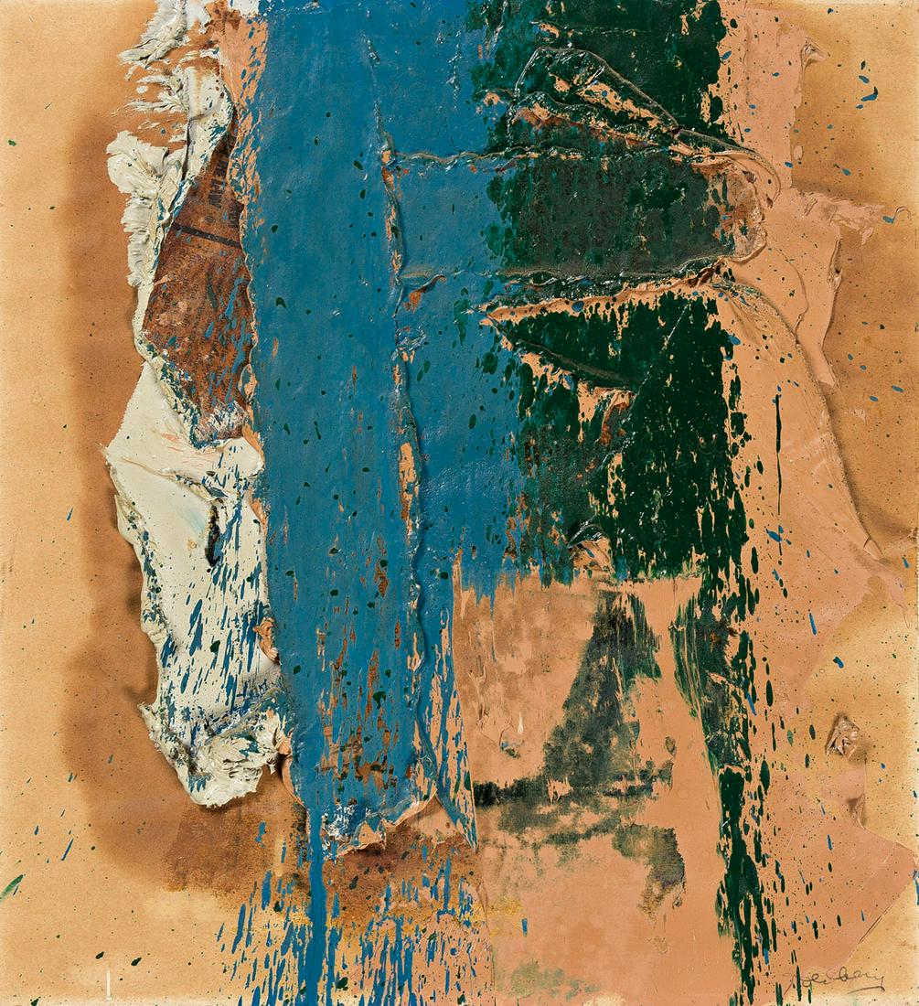 MICHAEL GOLDBERG Untitled.: MICHAEL GOLDBERG Untitled. Oil and paper collage on paper mounted on artist's board, 1963. 320x290 mm; 12½x11 inches. Signed in pencil, lower right recto, and signed, dated, and partially inscrib
