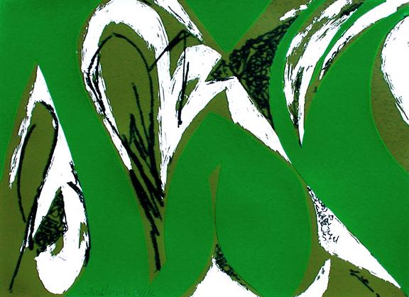 LEE KRASNER Free Space (Green).: LEE KRASNER Free Space (Green). Color screenprint and collage on Arches, 1975. 494x660 mm; 19½x26 inches (sheet), full margins. The deluxe edition of 50 with collage and numbered in Roman numeral