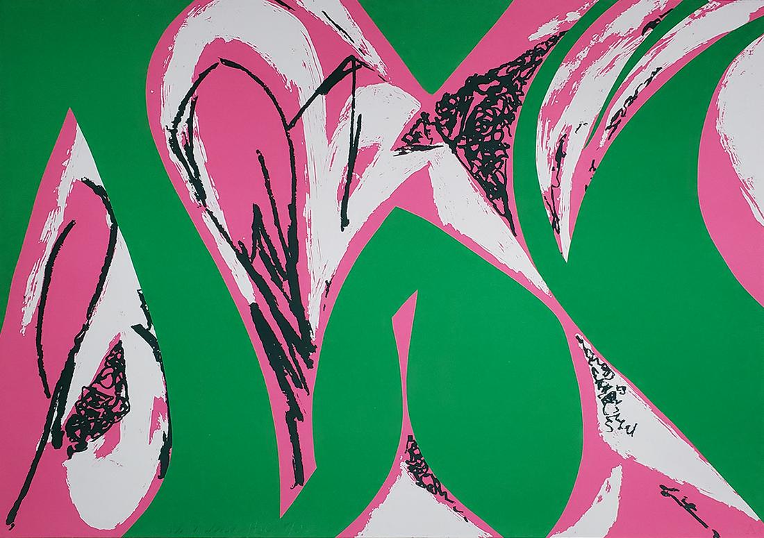 LEE KRASNER Free Space (Pink).: LEE KRASNER Free Space (Pink). Color screenprint and collage on Arches, 1975. 494x660 mm; 19½x26 inches (sheet), full margins. One of 25 numbered hors commerce impressions, aside from the regular
