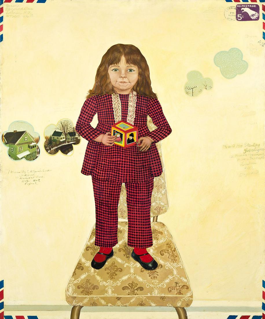 ANTHONY GREEN Airmail Cards Souvenir from Leonia.: ANTHONY GREEN Airmail Cards Souvenir from Leonia. Oil on canvas, 1968. 1230x1020 mm; 48½x40 inches. Signed, titled and dated in red ink, verso.Green (born 1939) is an English realist painter and