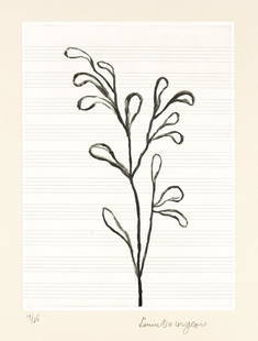 LOUISE BOURGEOIS La Petite Pousse II.: LOUISE BOURGEOIS La Petite Pousse II. Aquatint on music paper (staves drawn in pencil) mounted on paper, 2005. 380x275 mm; 15x10 inches, full margins. Signed and numbered 14/25 in pencil, lower margin