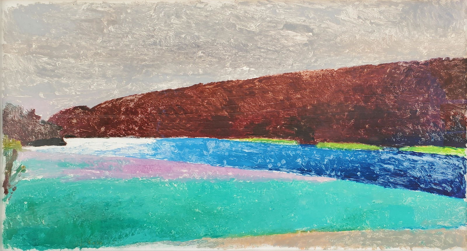 WOLF KAHN Rattlesnake Mountain.: WOLF KAHN Rattlesnake Mountain. Color monotype on cream wove paper, 1986. 1070x2035 mm; 42x80 inches, full margins. Signed and dated in crayon, lower left recto, and inscribed "#2 Wolf's Print" in pen