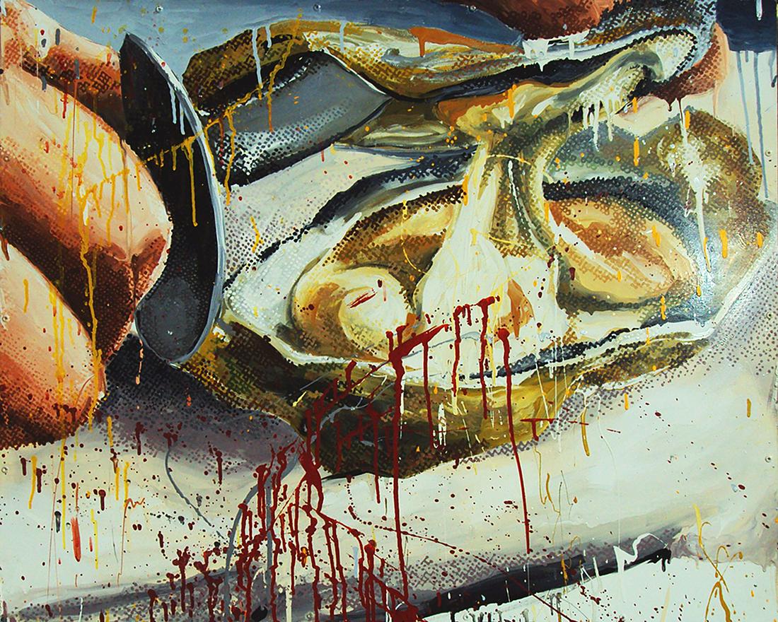 MARILYN MINTER 100 Food Porn #64 (Oyster).: MARILYN MINTER 100 Food Porn #64 (Oyster). Enamel on metal, in the artist's metal frame 1990. 615x765 mm; 24x30 inches. Signed, titled and dated in ink, verso.Provenance: Private collection, New York.