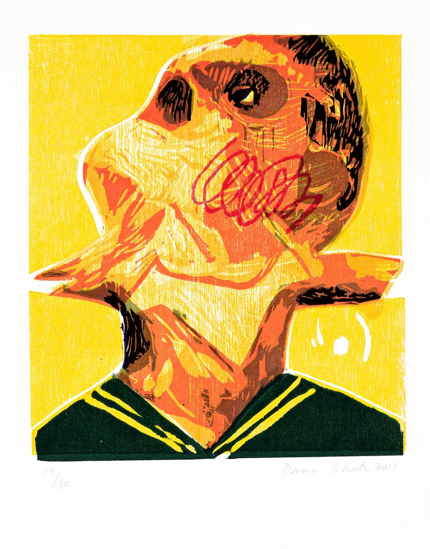 DANA SCHUTZ Bird in Throat.: DANA SCHUTZ Bird in Throat. Color woodcut on Stonehenge paper, 2011. 348x307 mm; 13¾x12 inches, full margins. Signed, dated and numbered 19/30 in pencil, lower margin. Printed by Rob Swainston an