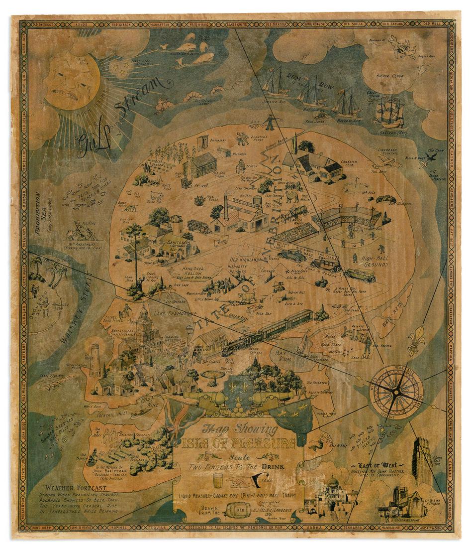 (PICTORIAL MAPS -- INTOXICATION INFATUATION.) H.J. (Heinie) Lawrence. Map Showing Isle of Pleasure, (1 of 1)