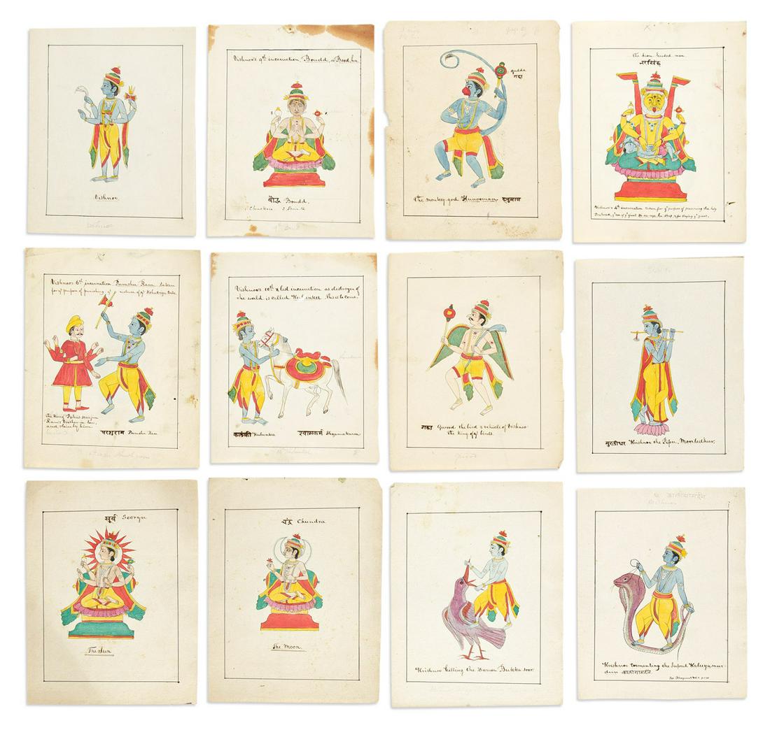 (HINDU DEITIES and DASHAVATARA.) Group of 24 miniature ink and watercolor drawings with Anglicized (1 of 2)