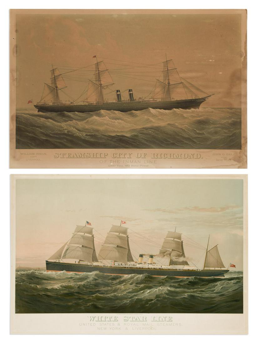 (OCEAN LINERS.) Two large chromolithographed profiles of pleasure steamers in the style of Antonio: (OCEAN LINERS.) Two large chromolithographed profiles of pleasure steamers in the style of Antonio Jacobsen. New York, vd - The Major & Knapp Eng. Mfg. & Lith. Co. White Star Line. United States & Roy