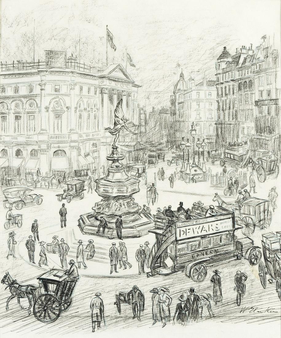 WILLIAM GLACKENS (1870-1938) “Piccadilly Circus.”: WILLIAM GLACKENS (1870-1938) “Piccadilly Circus.” Illustration for the frontispiece to Theodore Dreiser’s A Traveler at Forty, New York: Century Co., 1913). Graphite on paper. 382x33