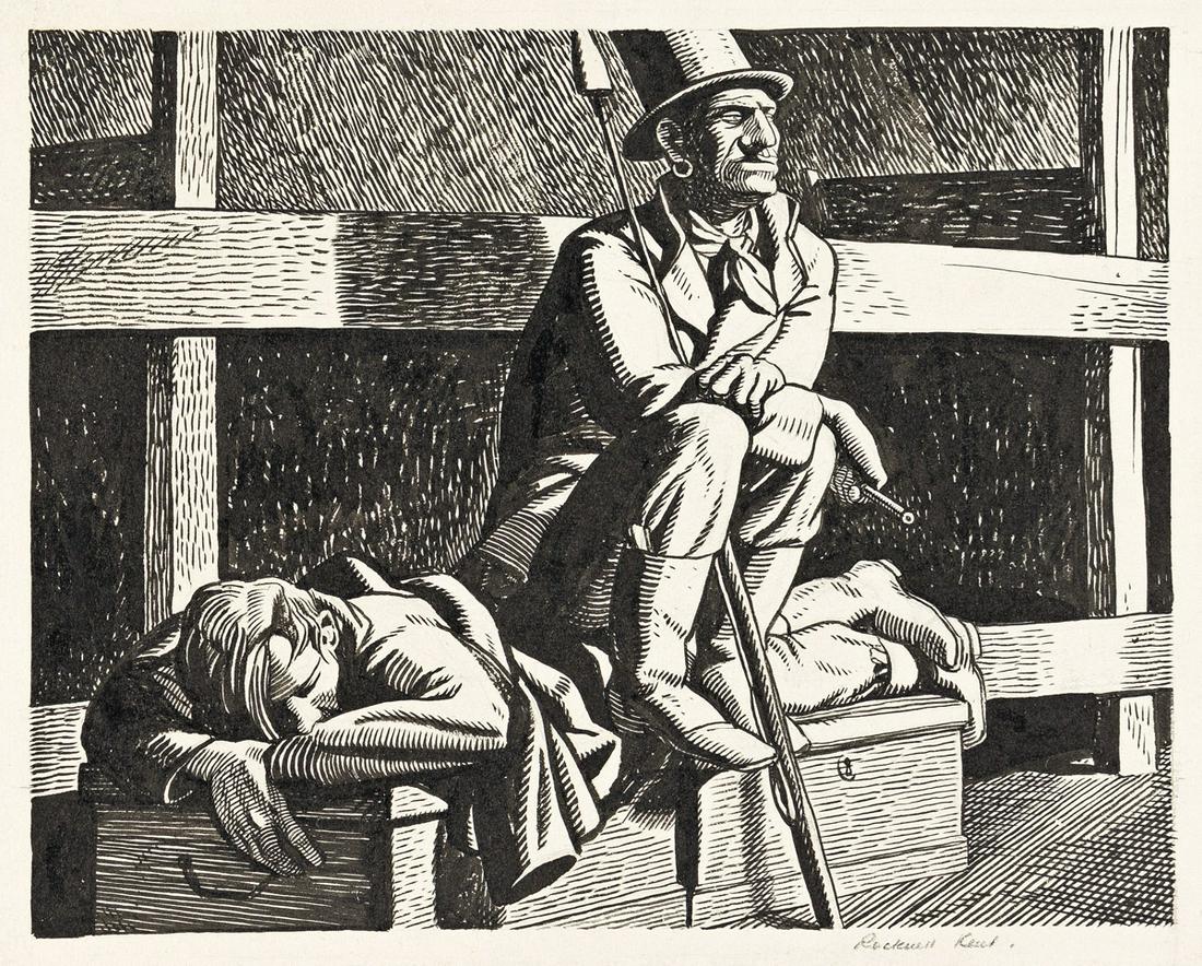 ROCKWELL KENT (1882-1971) "And then, without more ado, sat quietly down there." Illustration for: ROCKWELL KENT (1882-1971) "And then, without more ado, sat quietly down there." Illustration for Moby Dick. Illustration for the heading of Chapter XXI, "Going Aboard," page 141 published in Herman Me