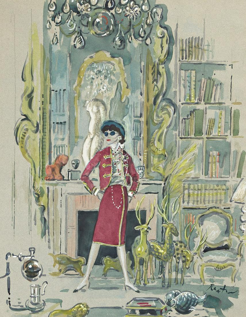 CECIL BEATON (1904-1980) Katharine Hepburn as Coco Chanel. (COSTUME / BROADWAY): CECIL BEATON (1904-1980) Katharine Hepburn as Coco Chanel. Costume design for Hepburn in the starring role in the 1969 Broadway musical "Coco." Watercolor and gouache on paper. 647x503 mm; 25½x19