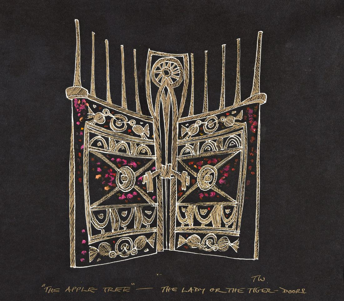 TONY WALTON (1934-2022) "'The Apple Tree' - The Lady or the Tiger - Doors.": TONY WALTON (1934-2022) "'The Apple Tree' - The Lady or the Tiger - Doors." Backdrop design for the musical The Apple Tree produced by Stuart Ostrow and directed by Mike Nichols at the Shubert Theatre