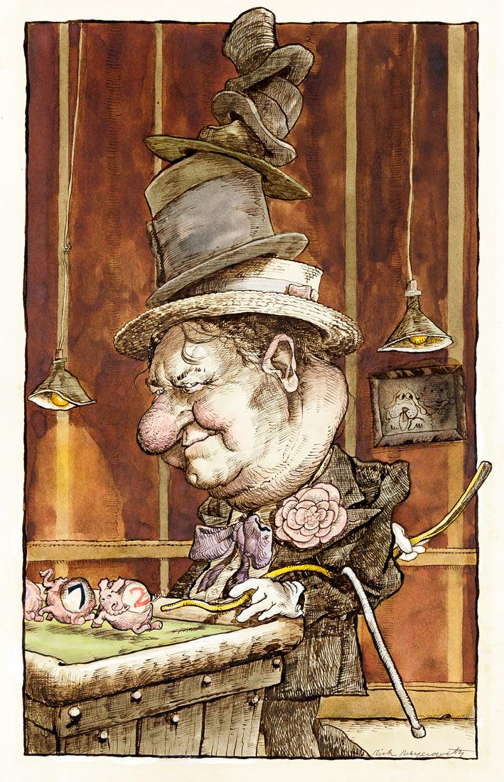 RICK MEYEROWITZ (1943-) "W. C. Fields Takes His Shot.": RICK MEYEROWITZ (1943-) "W. C. Fields Takes His Shot." Caricature of the great comedic actor, reproduced as a poster in 1970. Mixed media on board 406x254 mm; 16x10 inches, image, on 19x14-inch board.