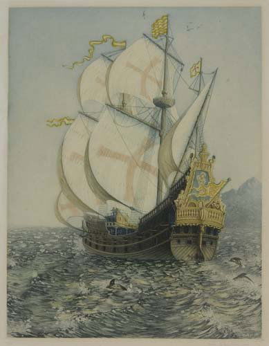 JOHN TAYLOR ARMS Golden Galleon.: JOHN TAYLOR ARMS Golden Galleon. Color aquatint and etching, 1921. 328x257 mm; 12 5/8x10 1/8 inches, full margins. Signed, dated, numbered 10/125 and inscribed "From the paiting by Will Simmons" in pe