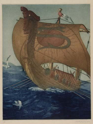 JOHN TAYLOR ARMS The Dragon Ship.: JOHN TAYLOR ARMS The Dragon Ship. Color etching and aquatint, 1922. 330x255; 13x10 inches, margins. Edition of 100. Signed, dated and inscribed "III" in pencil, lower margin. A fine impression with fr