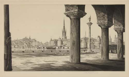 JOHN TAYLOR ARMS Stockholm.: JOHN TAYLOR ARMS Stockholm. Etching and aquatint, 1940. 193x345 mm; 7 5/8x13 5/8 inches, full margins. Edition of 395. Third state (of 3). Signed and dated in pencil, lower right. A good impression. F