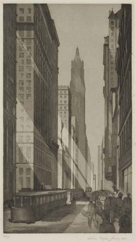 JOHN TAYLOR ARMS Two etchings with aquatint.: JOHN TAYLOR ARMS Two etchings with aquatint. Downtown, New York, 1921. 214x125 mm; 8 3/8x4 7/8 inches, full margins. Signed, titled, dated and numbered 20/75 in pencil, lower margin * From Knoedler's