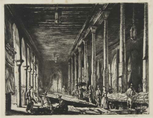 MUIRHEAD BONE The Fish Market, Venice.: MUIRHEAD BONE The Fish Market, Venice. Drypoint on Japan paper, 1915. 227x291 mm; 9x11 1/2 inches, full margins. Signed in pencil, lower right. A brilliant, richly-inked impression. Dodgson 344. With-