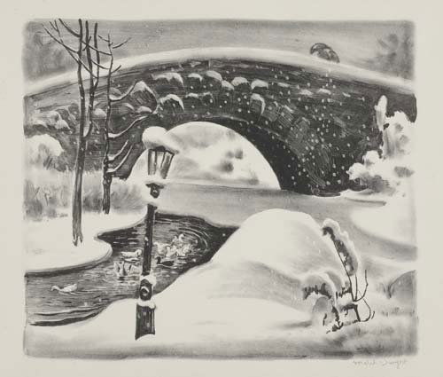 MABEL DWIGHT Two lithographs.: MABEL DWIGHT Two lithographs. Fishing Village, Novia Scotia, 1931. 237x283 mm; 9 1/4x11 inches, full margins. Edition of 24. Signed in pencil, lower right * Winter, Central Park, 1931. 248x291 mm; 9