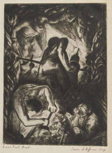 IRWIN D. HOFFMAN Group of 9 etchings.: IRWIN D. HOFFMAN Group of 9 etchings. Cigarette Underground, 1938. Signed, titled and numbered 13/50 in pencil, lower margin * Miner at Rest (2 impressions). Both signed and titled in pencil, lower m