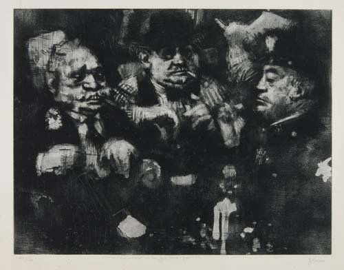 JACK LEVINE The Feast of Pure Reason.: JACK LEVINE The Feast of Pure Reason. Etching, mezzotint and aquatint, 1970. 495x640 mm; 19 1/2x25 1/4 inches, full margins. Signed, dedicated and numbered 42/120 in pencil, lower margin. A fine, dark