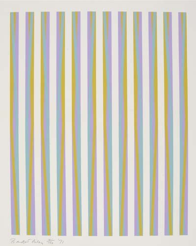 BRIDGET RILEY For Chicago 8.: BRIDGET RILEY For Chicago 8. Color screenprint, 1971. 520x382 mm; 20 1/2x15 inches, full margins. Signed, dated and numbered 41/150 in pencil, lower left. Published by David G. Godine Publishers and t