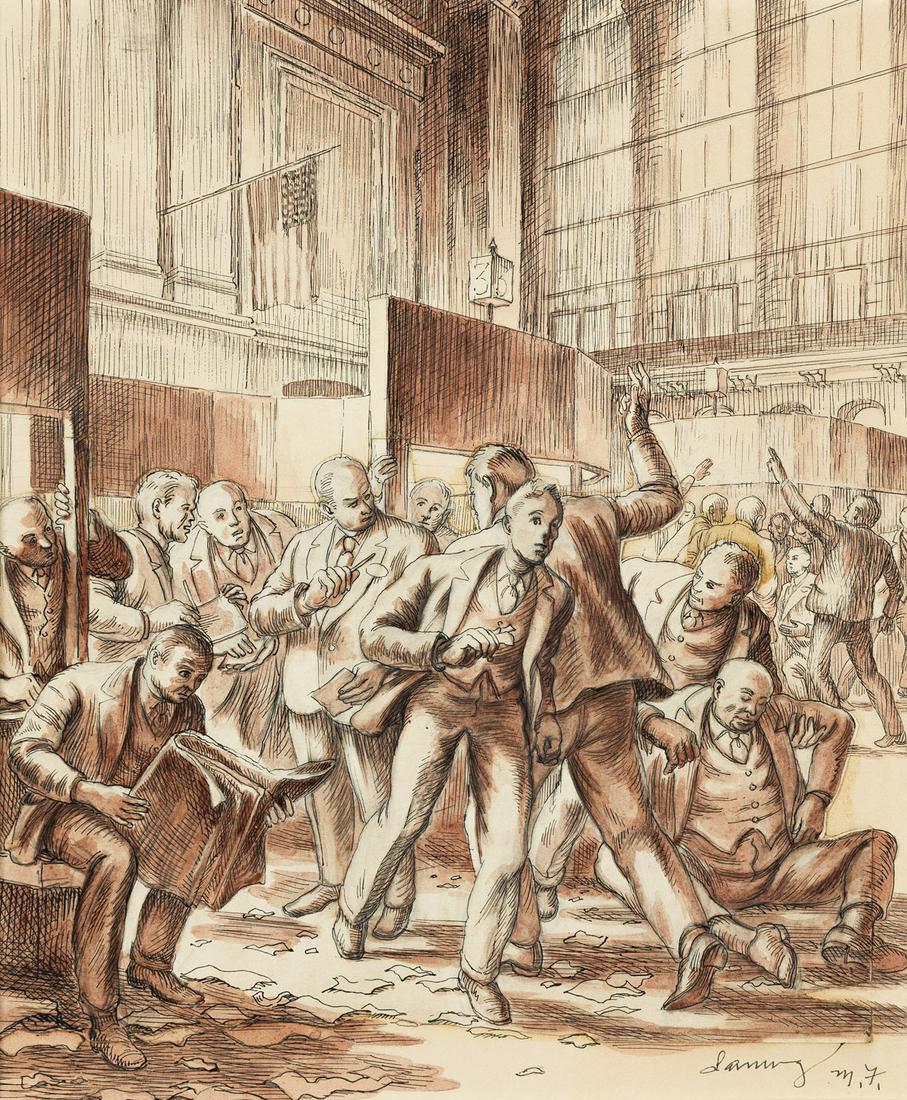 EDWARD LANING (1906-1981) Study for Black Friday: Richard Whitney and the Stock Exchange.: EDWARD LANING (1906-1981)Study for Black Friday: Richard Whitney and the Stock Exchange. Black and sepia ink on illustration board, 1939. Signed, Laning, lower right. Signed, Edward Laning, and inscri