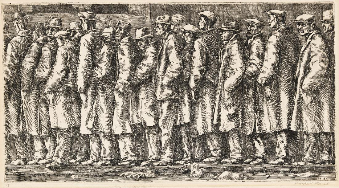 REGINALD MARSH (1898-1954) Bread Lineâ€” No One Has Starved.: REGINALD MARSH (1898-1954)Bread Lineâ€” No One Has Starved. Etching. 165x303 mm; 6¼x11 inches, wide margins. Sixth state (of 6). Edition of approximately 20. Signed and numbered "19" in pe
