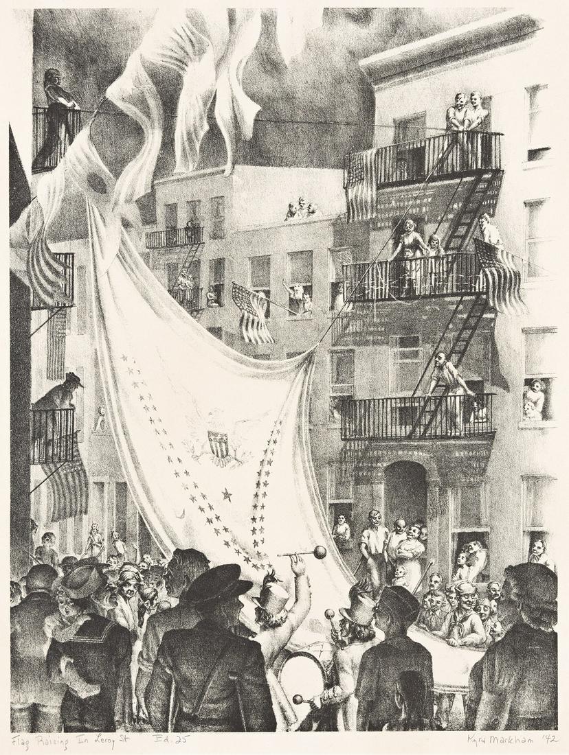 KYRA MARKHAM (1891-1967) Flag Raising in Leroy Street.: KYRA MARKHAM (1891-1967)Flag Raising in Leroy Street. Lithograph. 320x245 mm; 12x9 inches. Edition of 25. Signed, titled, dated and inscribed "Ed. 25" in pencil, lower margin. 1942.A very good impress