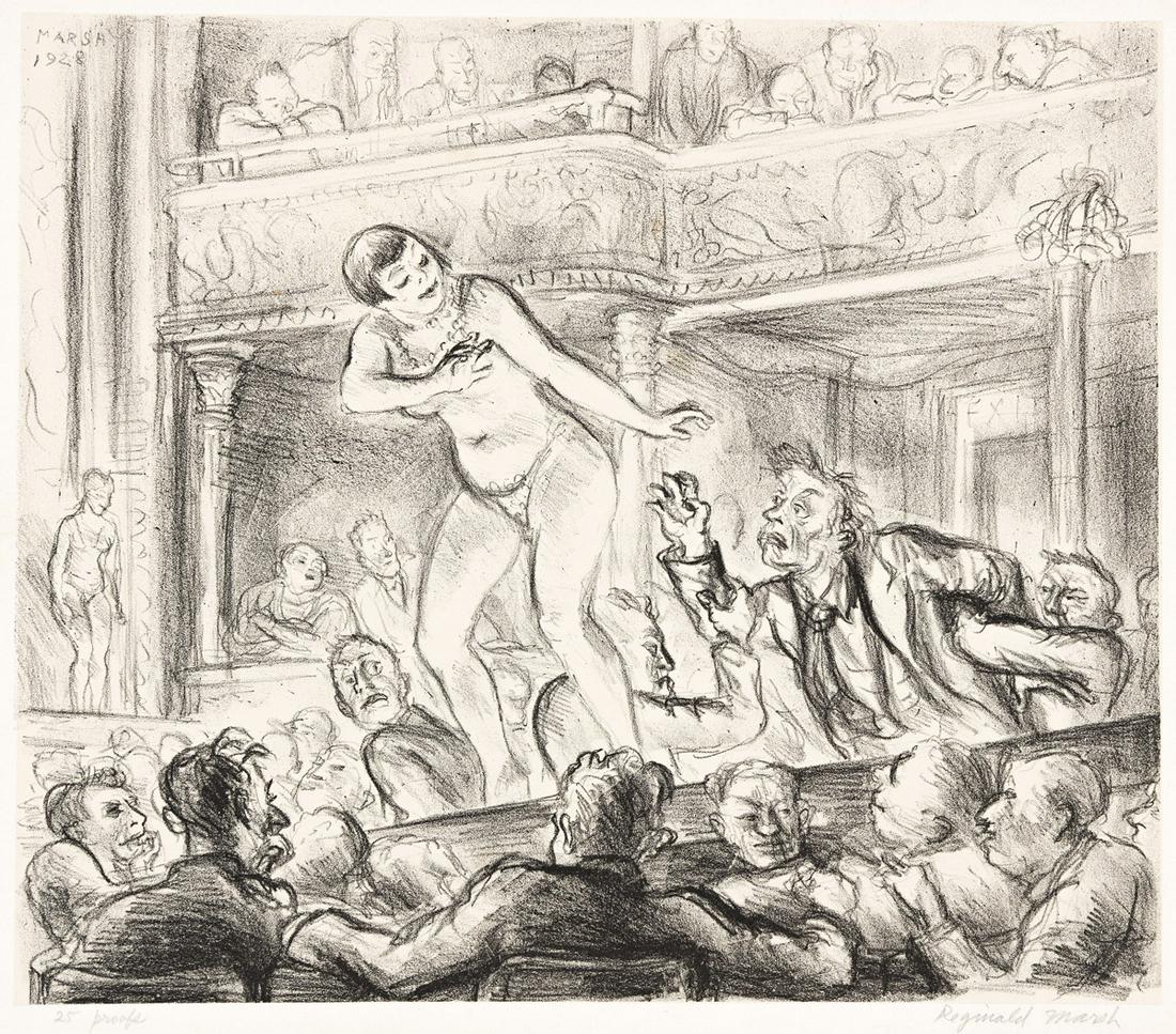 REGINALD MARSH (1898-1954) Irving Place Burlesque.: REGINALD MARSH (1898-1954)Irving Place Burlesque. Lithograph on Chine appliquÃ©. 247x292 mm; 9¾x11½ inches, full margins. Edition of 25. Signed and inscribed "25 proofs" in pencil, low