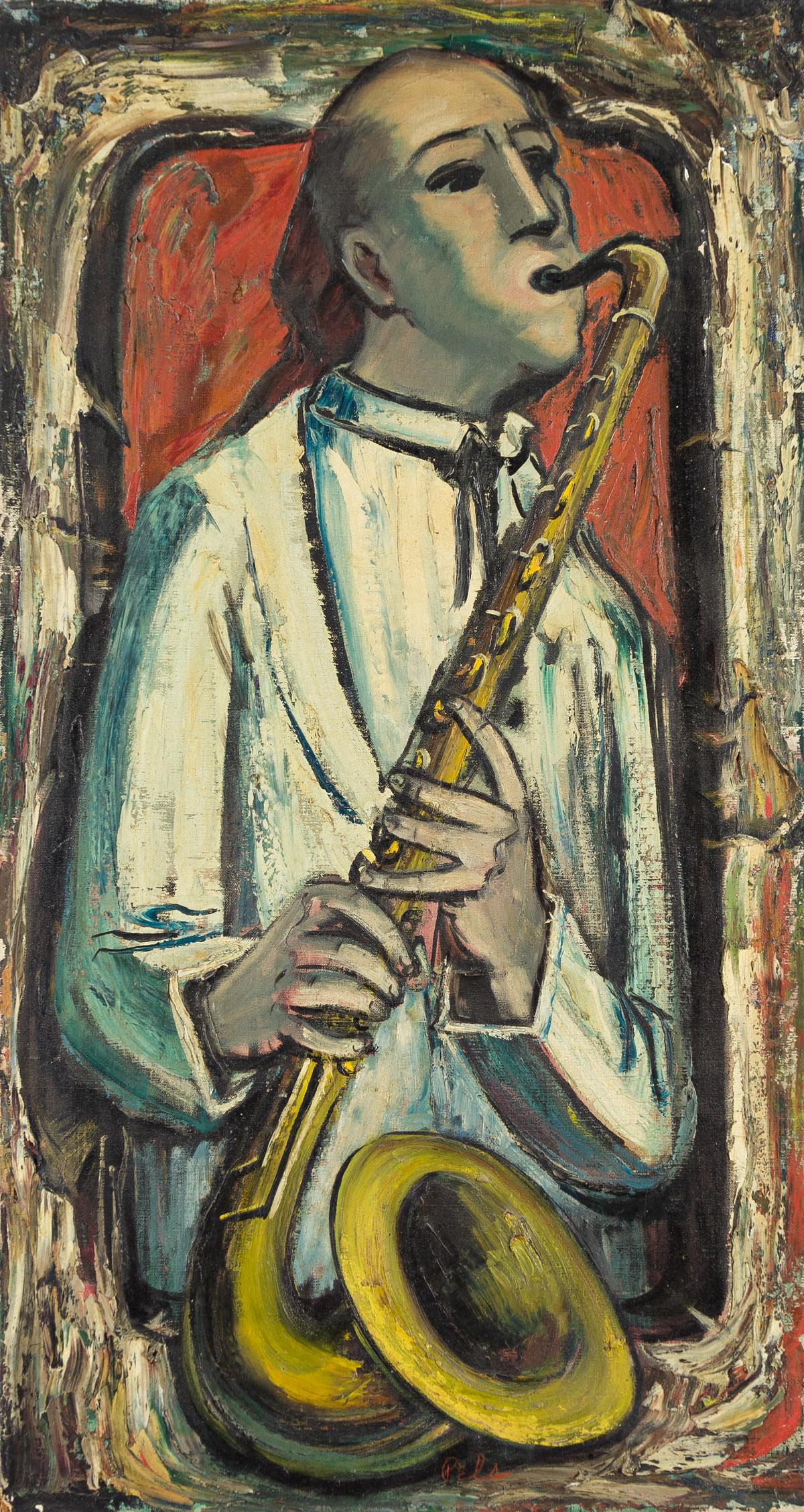 ALBERT PELS (1910-1998) Sax Player.: ALBERT PELS (1910-1998)Sax Player. Oil on canvas. Signed, Pels, lower center. Signed, Pels, and inscribed, #116, on verso. 762x407 mm; 30x16 inches. Provenance: Estate of the artist; thence by descent